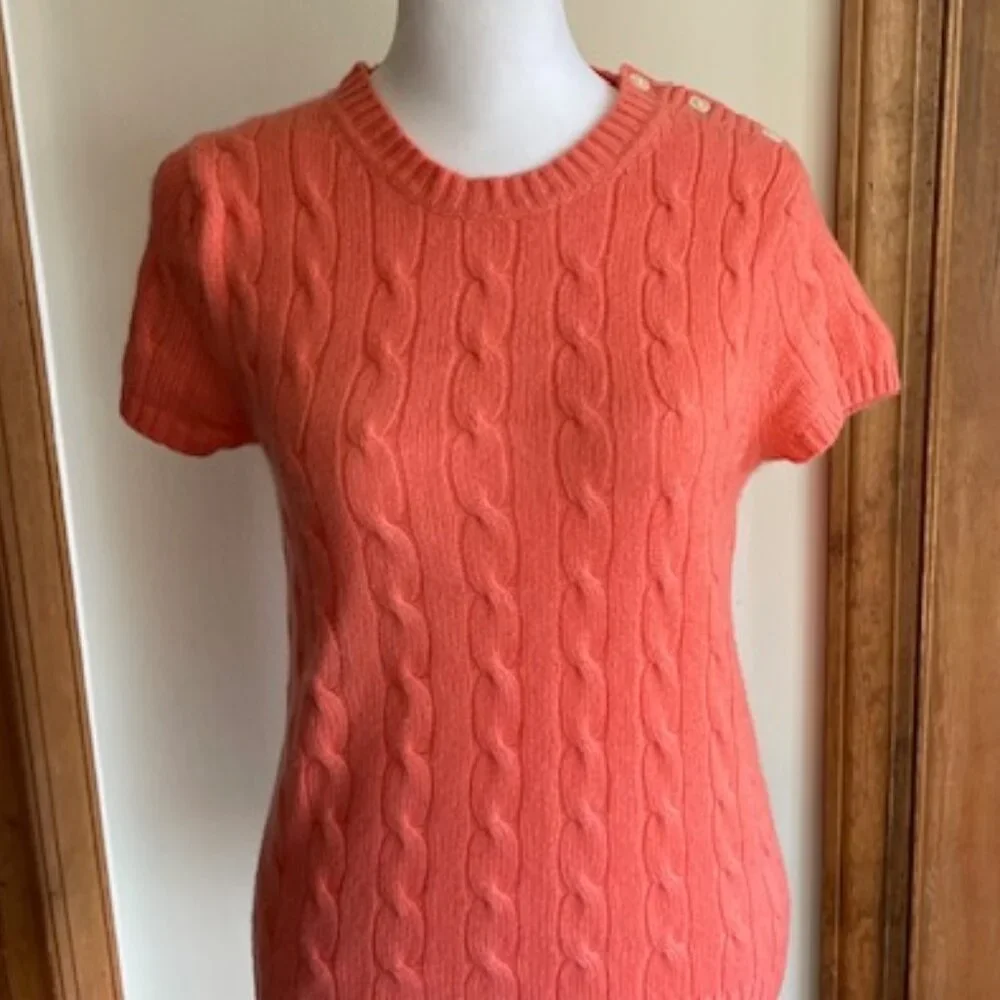 J. Crew Vibrant Coral Cashmere Short Sleeve Crewneck Cardigan S
